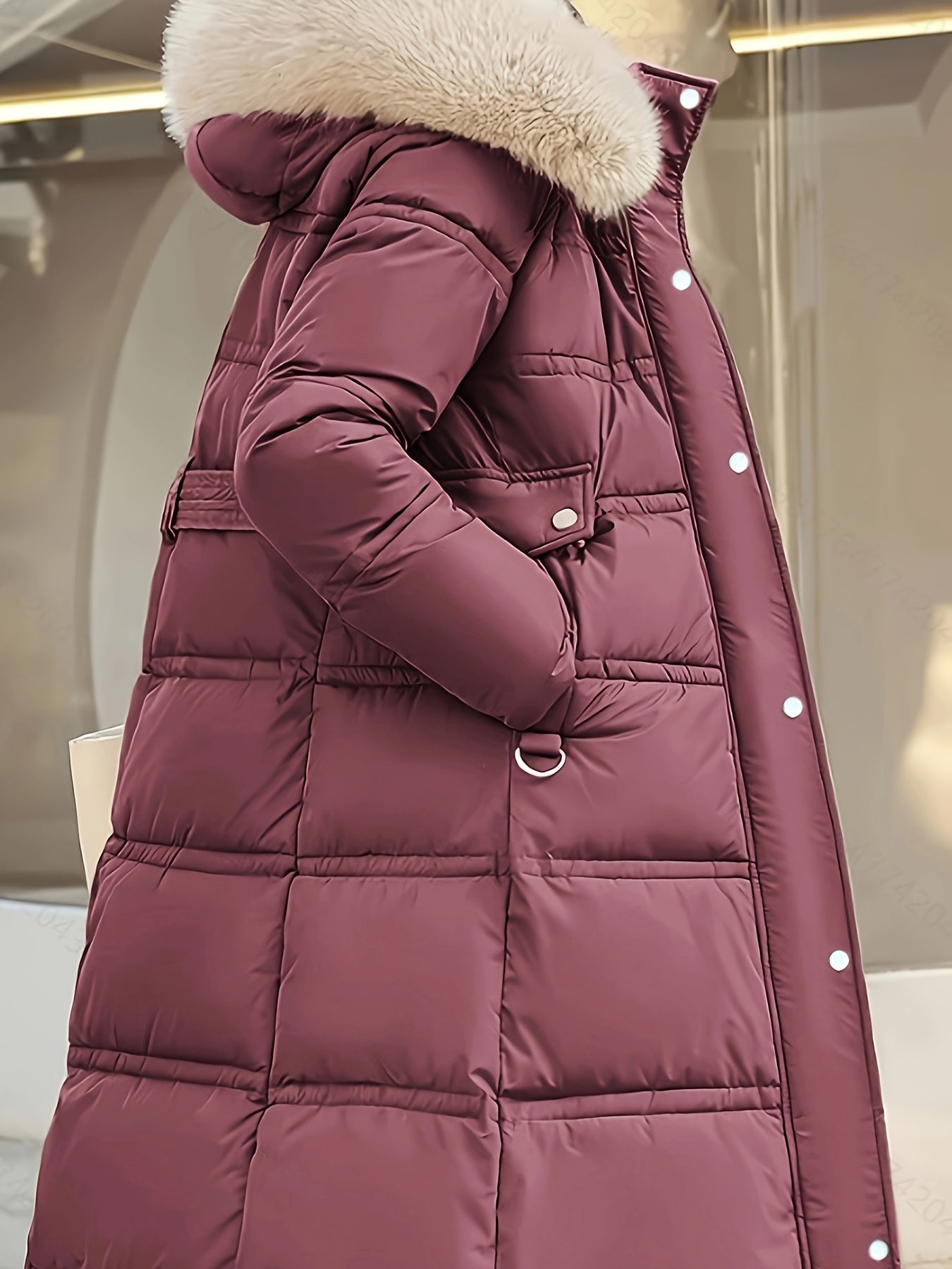 Women's Long Hooded Parka with Removable Fur Trim in Purple, Windproof and Insulated for Outdoor Winter Activities.