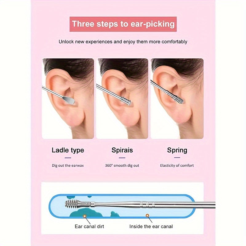 Ear Care Kit with 6 stainless steel ear spoons and storage case for daily cleaning at home or outdoors, no battery needed.