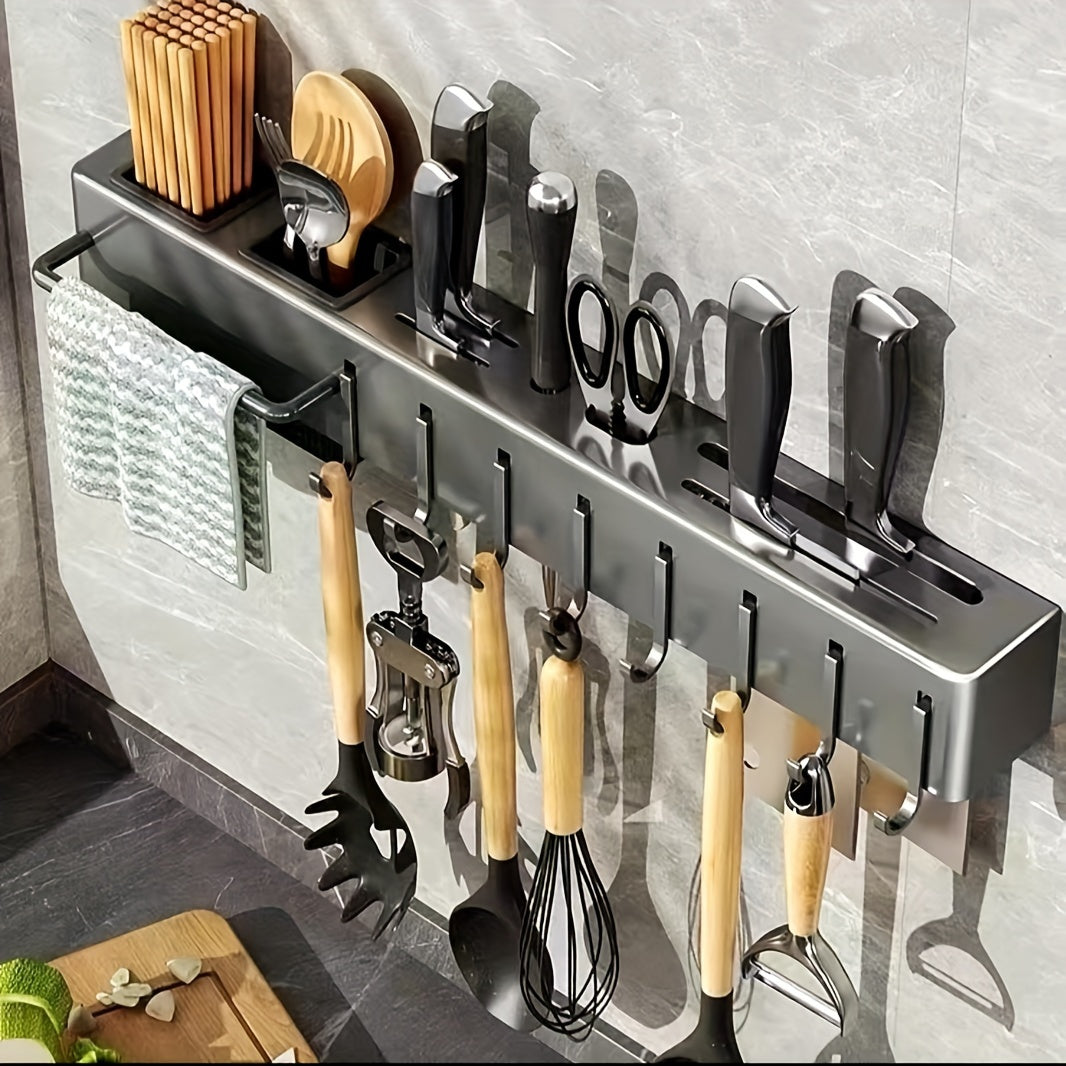 Wall-mounted knife rack made of premium carbon steel, offering a large capacity for organizing knives, spatulas, spoons, forks, chopsticks, and towels. Features integrated dry and wet separation draining storage, no-drill installation, and a