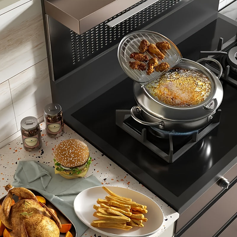 This deep fryer is made of stainless steel and comes with a lid. It has temperature control and an oil filter rack, making it perfect for frying foods like French fries and chicken. It is compatible with both gas and induction stoves.