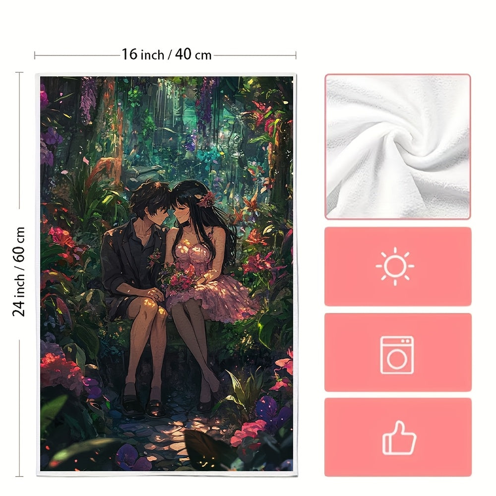 Set of 2 Kitchen Towels - Featuring an Anime Couple Sitting on a Heart Shaped Bench in a Botanical Garden Amidst Exotic Plants and Flowers. These Ultra Soft Towels Create a Luxurious and Romantic Atmosphere. Highly Absorbent and Perfect for Holiday