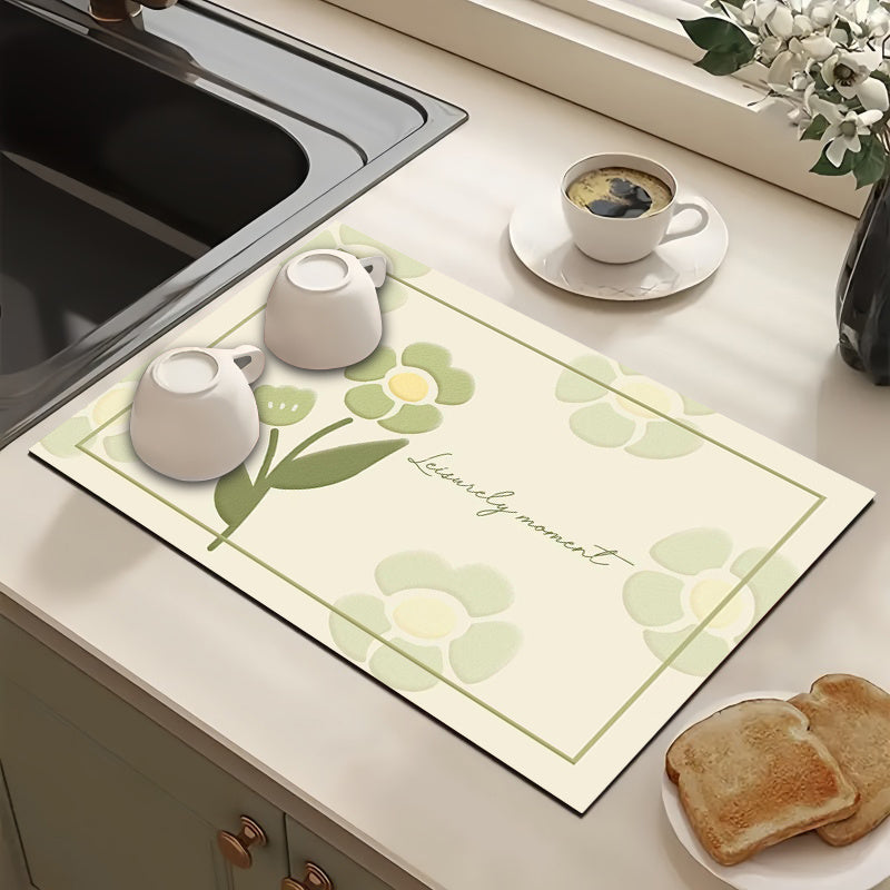 Floral Pattern Polyester Drying Mat for Kitchen, Absorbent and Multipurpose - Ideal for Dish Draining, Coffee Machine, Countertop Protection, and Bathroom Use.