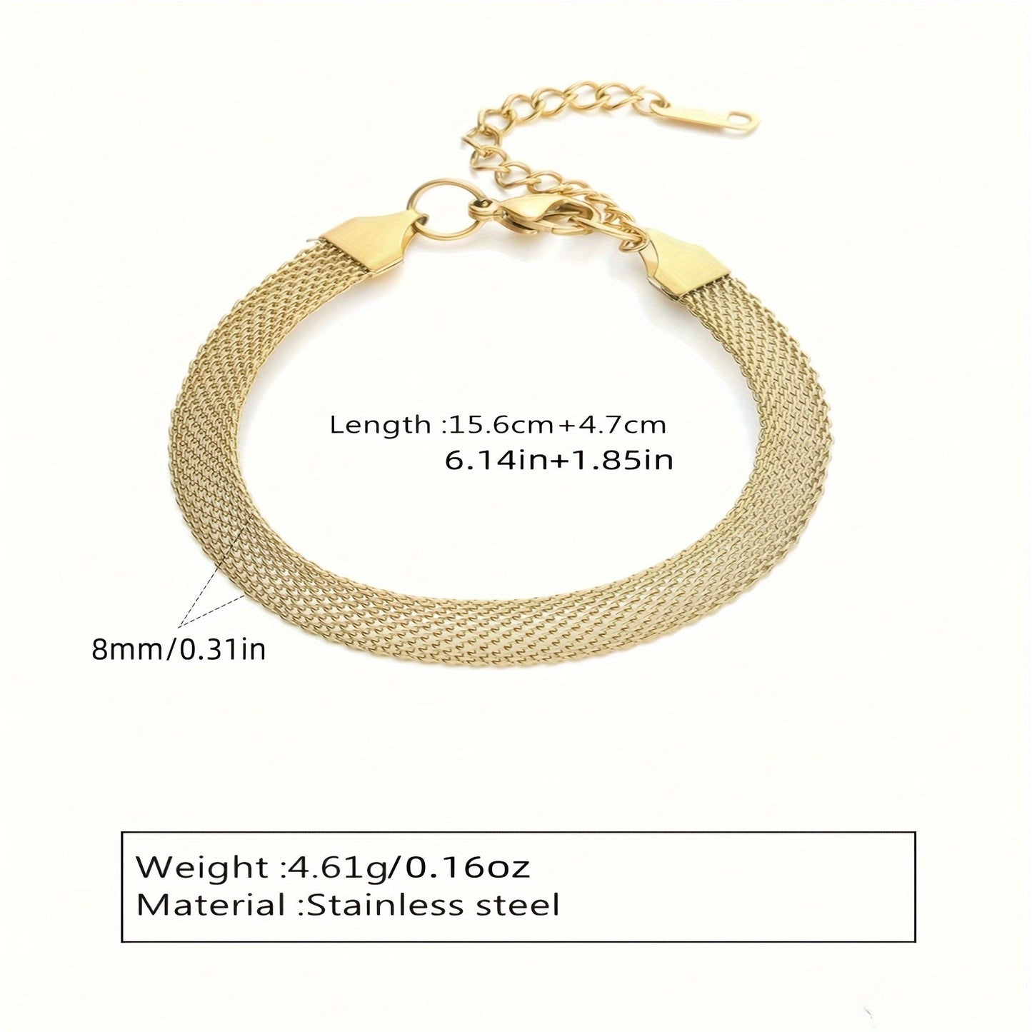 This set includes a retro two-piece bracelet and necklace with woven mesh elements, made of hypoallergenic stainless steel. Both pieces are 18K plated and colorless.