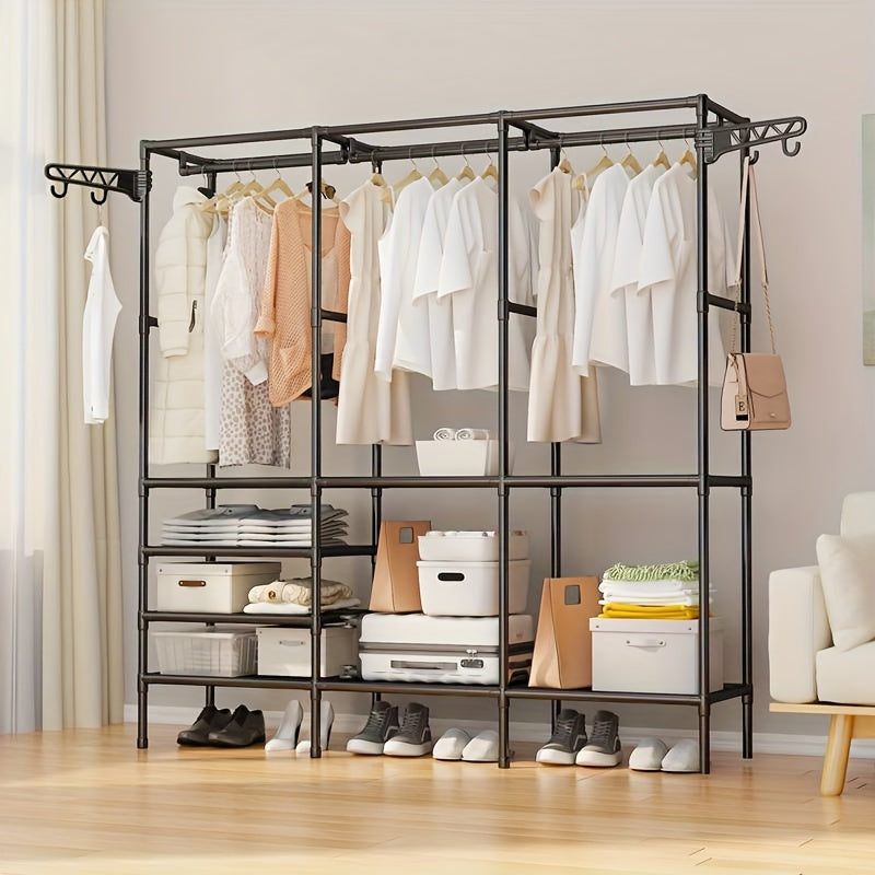 Large Capacity, Freestanding 3/4-Row Carbon Steel Coat Rack with Shoe and Storage Shelves for Bedroom and Living Room Organization - Versatile Option