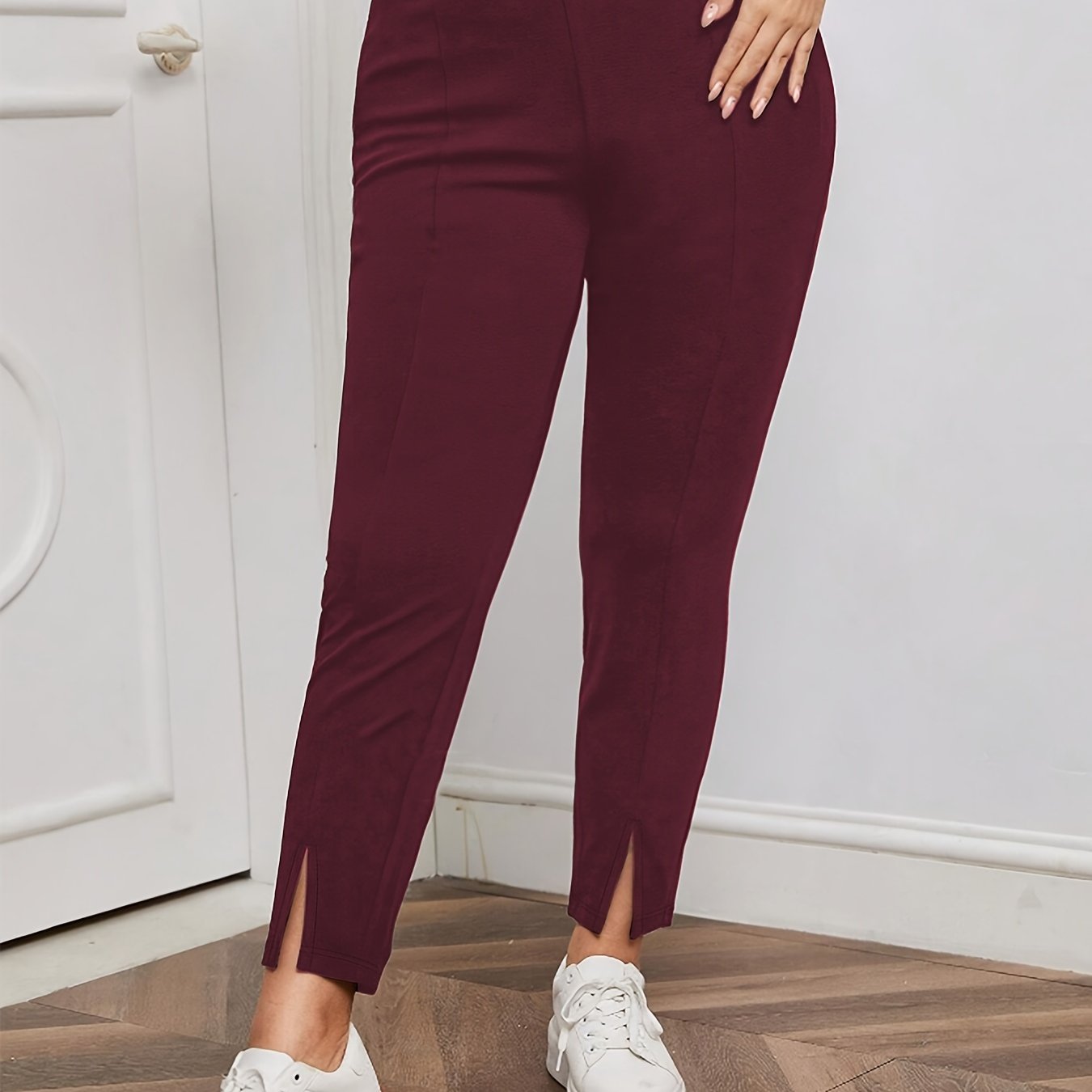 Plus Size Solid Split Hem Pants for Spring & Summer, Casual High Waist Skinny Pants for Women's Plus Size Clothing.