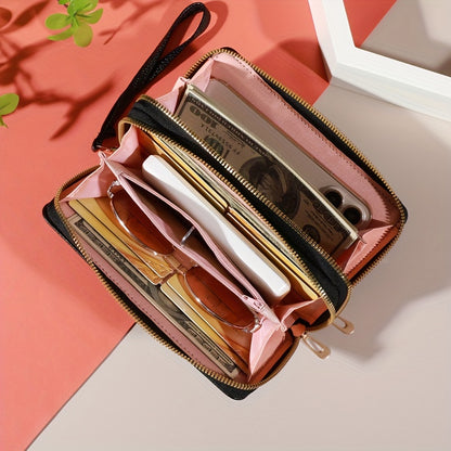 Stylish women's wallet with dual zipper closure, multiple slots, and large capacity.