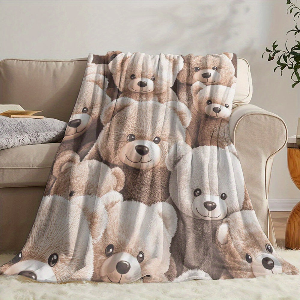 Soft and Cozy Cartoon Teddy Bear Print Flannel Throw Blanket - Perfect for All Seasons, Quilted Polyester Bedding with a Contemporary Design, Versatile and Hypoallergenic, Great Christmas Gift for Loved Ones