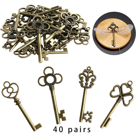 Vintage Skeleton Key Flying Key Pendant Set with 40 Pieces, Dragonfly Wings in 40 Pairs, and 33 Yards of Elastic Crystal Rope for DIY Jewelry Making, Wedding Party Decor, and Indoor Decorations