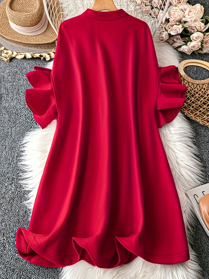 Elegant plus size red cape coat with ruffle sleeves, Crew neck outerwear made of polyester blend with slight stretch. Solid color woven cape suitable for all seasons.