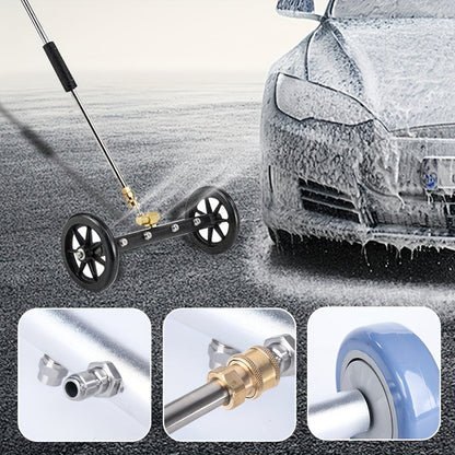 Undercarriage pressure washer with multiple functions, includes 4 nozzles, chassis cleaning brush, and outdoor car floor cleaning tool. Operates manually, no electricity or batteries required.