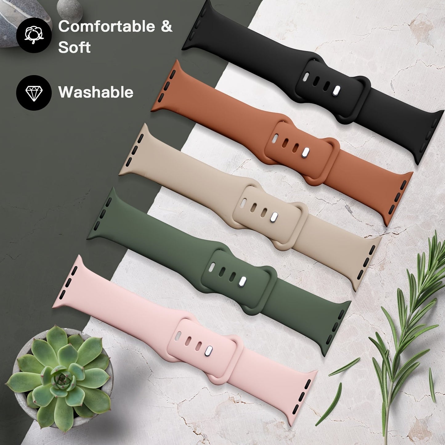 Set of 5 Soft Silicone Sport Bands for Apple Watch - Waterproof and Adjustable Wristbands for iWatch Series 9, Ultra, 8, SE, 7, 6, 5, 4, 3. Compatible with Sizes 38mm to 49mm - Ideal Present for Both Men and Women