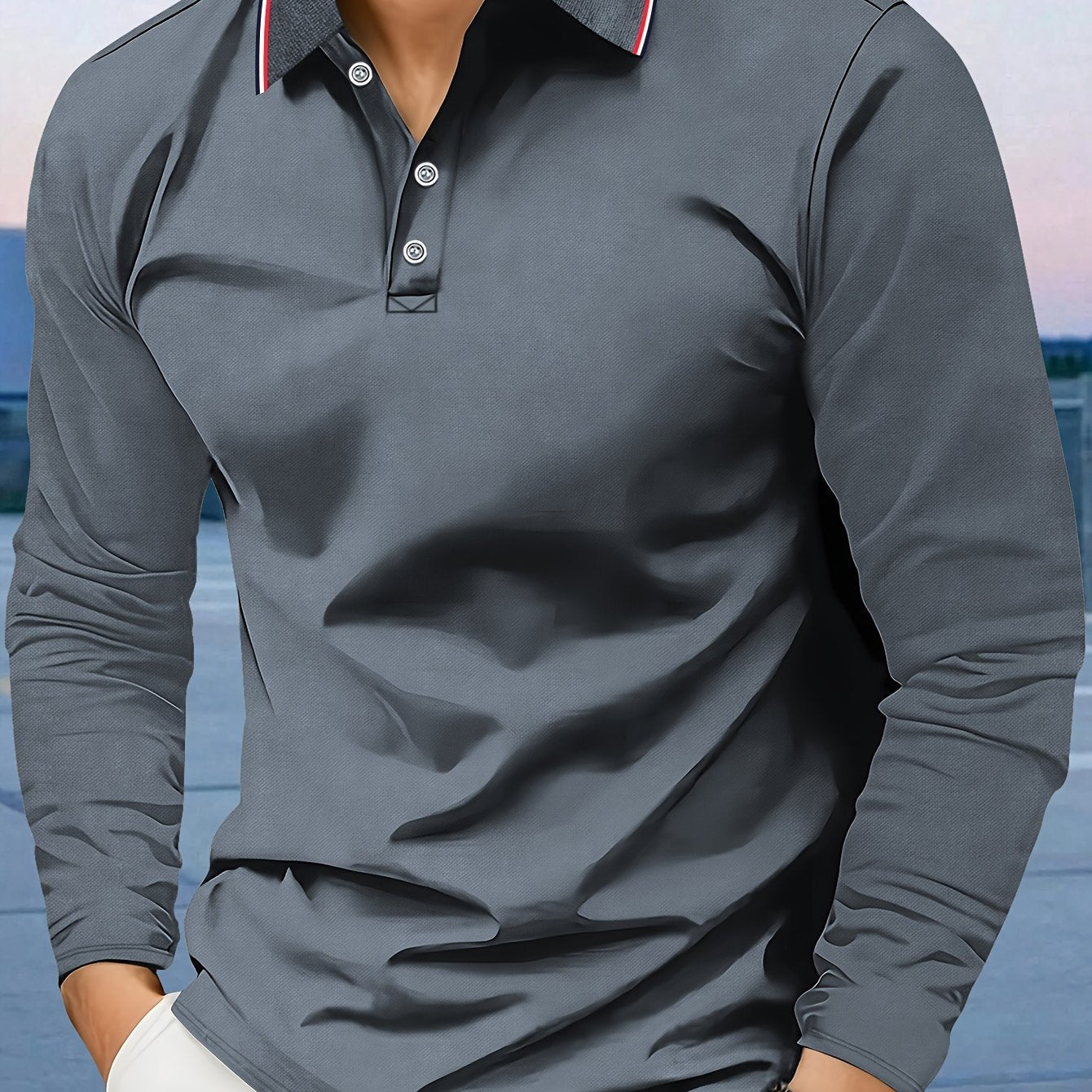 Men's casual polo shirt with breathable comfort fabric, long sleeve turn-collar, solid color, regular fit, knit fabric, 100% polyester, button details, suitable for the fall season -