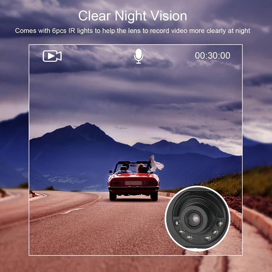 Compact HD dash cam with infrared night vision, loop recording, wide-angle lens, 6.1cm IPS screen, full HD 1080P, and suction cup mount, ideal for cars.