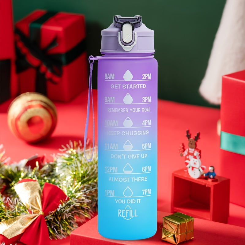 Motivational water bottle with straw, time marker, BPA-free polycarbonate, leakproof, lightweight, carrying strap, for fitness, gym, yoga, hiking, hydration.