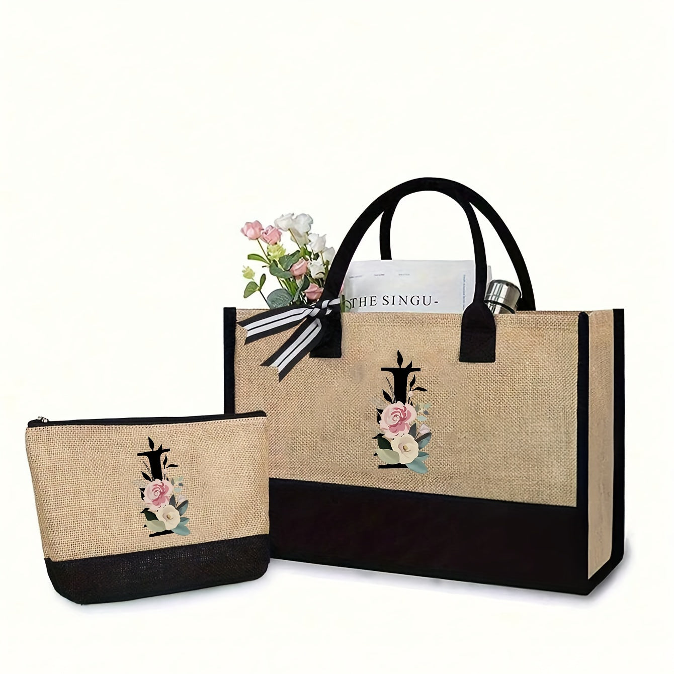 Stylish 2-piece canvas tote and makeup bag set - great for weddings, birthdays, beach, and school. The perfect gift for women, moms, teachers, friends, and bridesmaids.