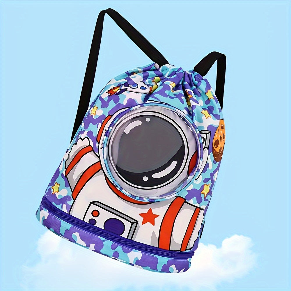 Purple swim bag with dry/wet separation, stylish cartoon design, ideal for sports and travel.