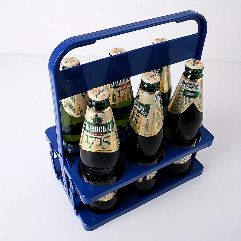 Portable collapsible plastic beer carrier for 6 bottles, ideal for bars, picnics, restaurants, and catering.