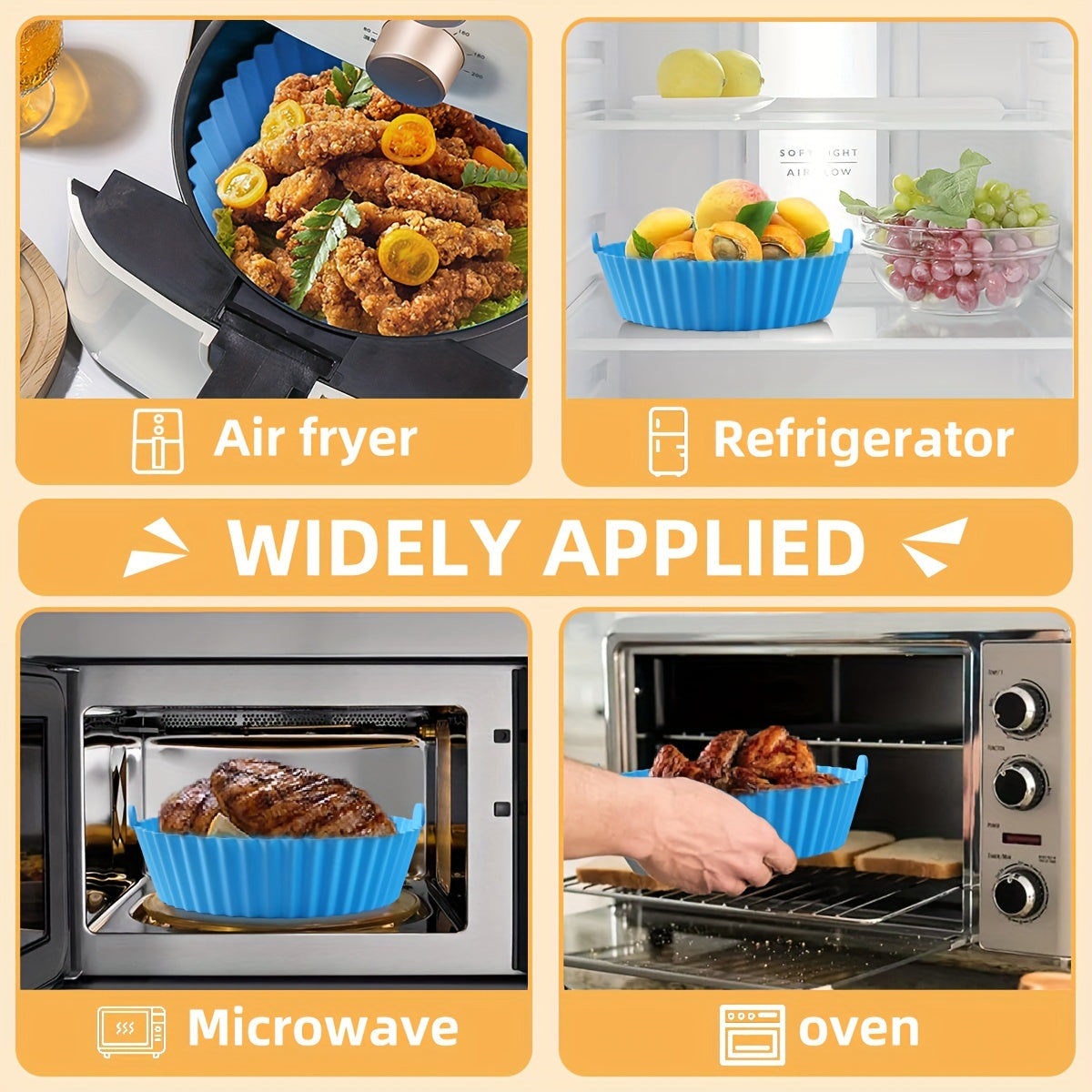 A set of 6 silicone air fryer liners, perfect for healthy cooking. These round, reusable, and easy-to-clean baking mats make cooking a breeze.