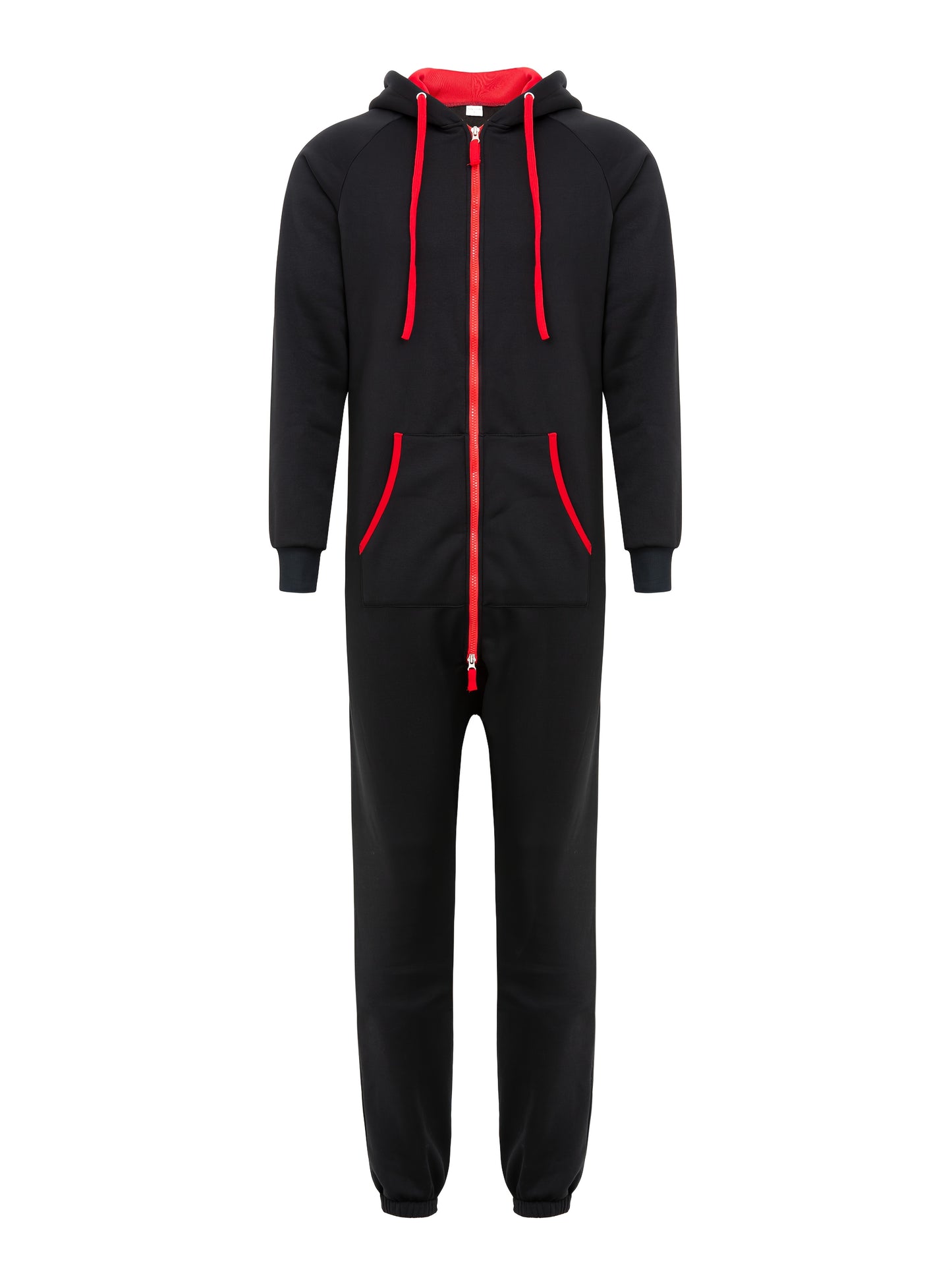 Men's Winter Pajama Jumpsuit - Solid color, long sleeved knit fabric, 100% polyester, hooded collar, with pockets and slight stretch. Comfortable lounge wear.