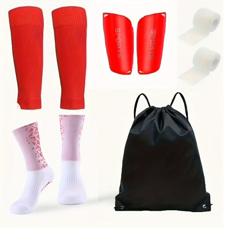 5-piece football equipment set includes silicone grip socks, calf sleeves, drawstring backpack, and leg pads. Made of striped polyester for training and fitness.