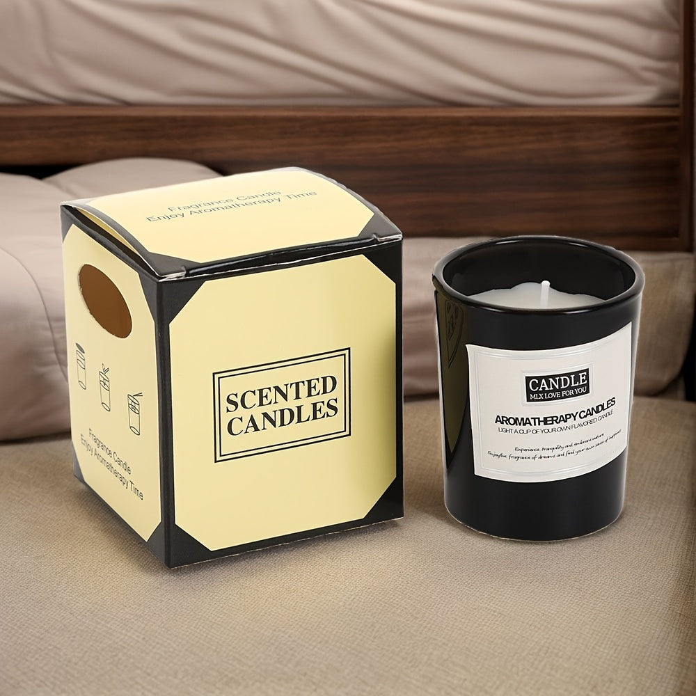 1 Elegant Black Glass Scented Candle with Lavender & Sandalwood Aroma - Smokeless, Soy Wax Blend & Glossy Wooden Box - Ideal as Home Decor or Birthday Gift, Great for Thanksgiving.