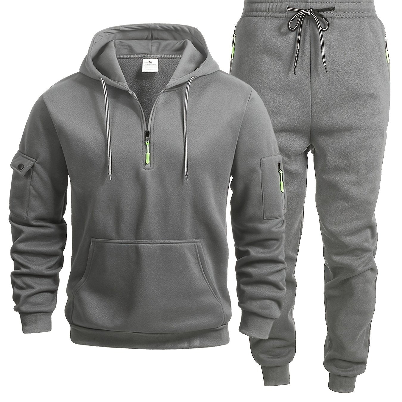 2pcs Men's Casual Sports Sweatsuit Set with hooded pullover and joggers in solid color, slight stretch, lightweight with pockets. Suitable for hiking, running, and sports activities, for