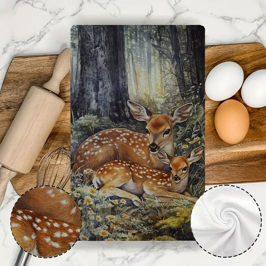 Set of 2 Coastal Style Kitchen Towels featuring a Contemporary Polyester Knit Fabric. These towels are Super Absorbent, Machine Washable, and measure 40.64x60.96 cm. They are Decorative Dish Hand Towels with a Serene Deer and Fawn Design.