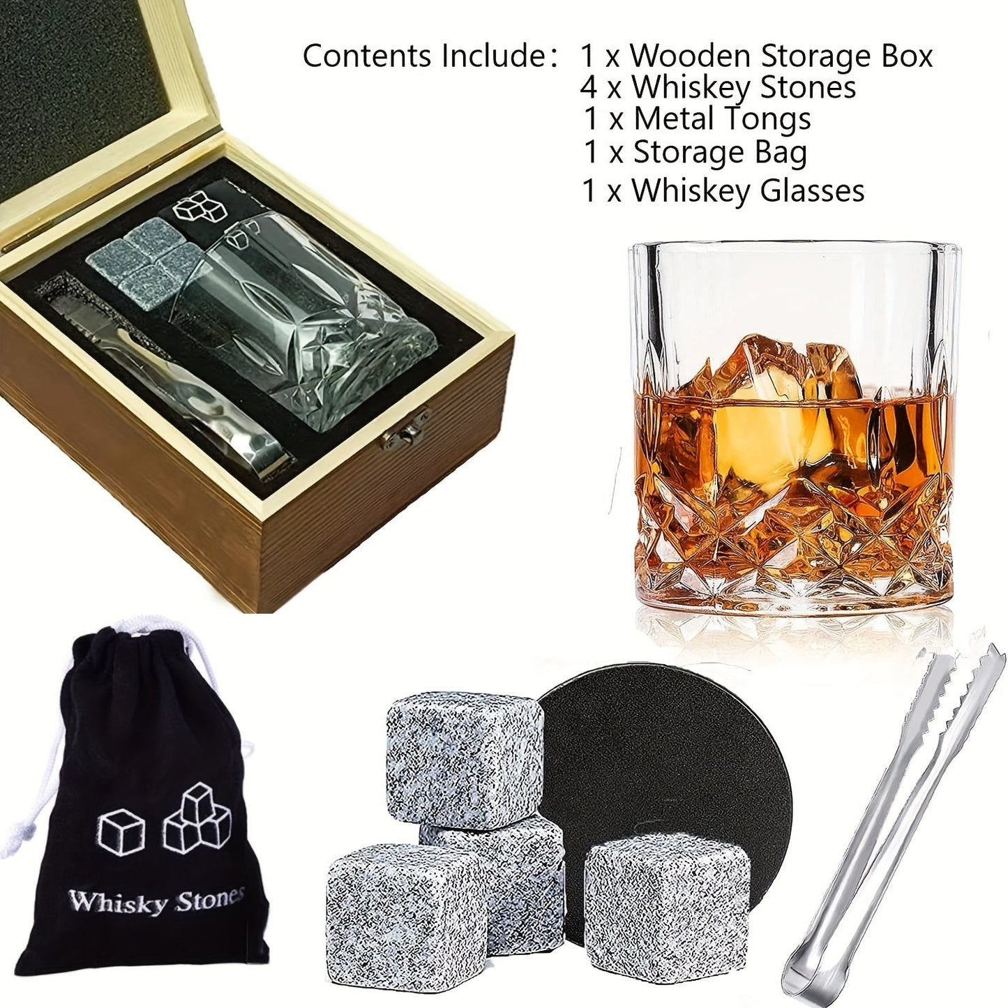 Reusable Whiskey Ice Stone Set, ideal for those who enjoy whiskey, makes a great gift for men, fathers, husbands, and friends celebrating their birthdays.