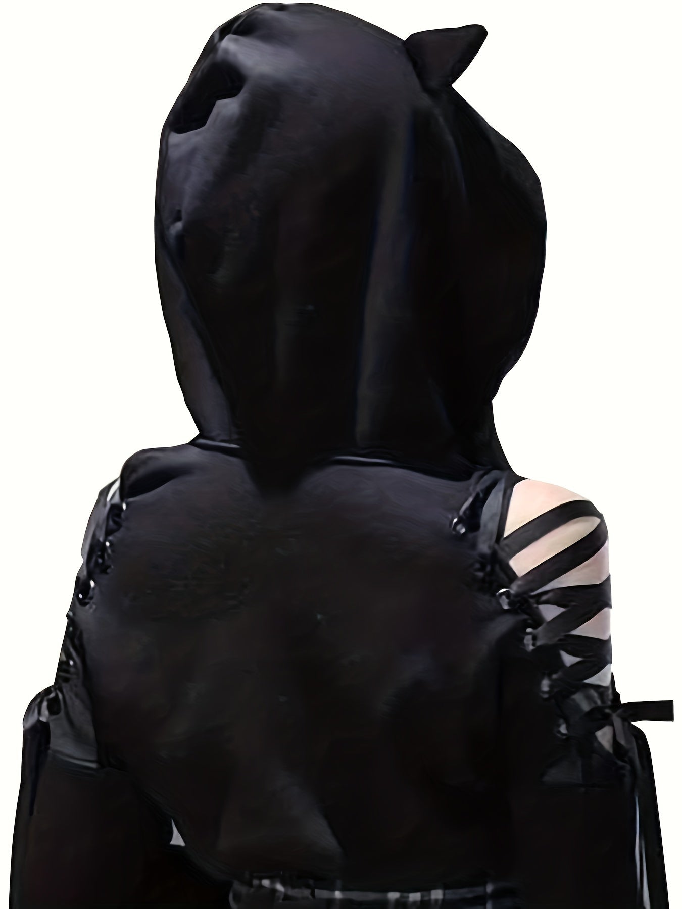 Women's Y2K style black hoodie with cat ears, featuring stretchy polyester knit, lace-up detail, ribbed cuffs, and all-season comfort.