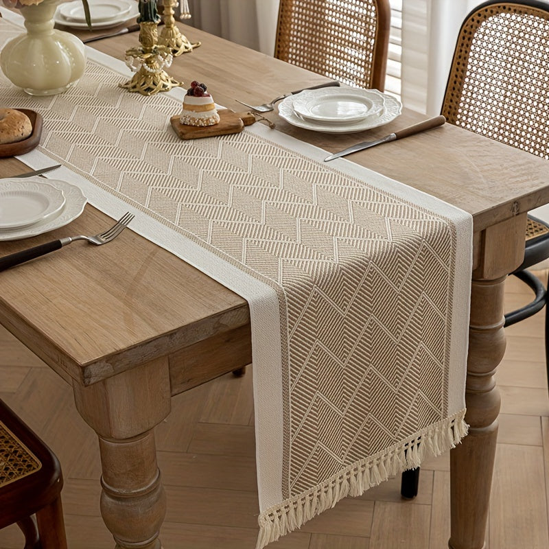 Polyester table runner with fringe tassels, beige striped pattern - ideal for home, party, hotel or restaurant decor.