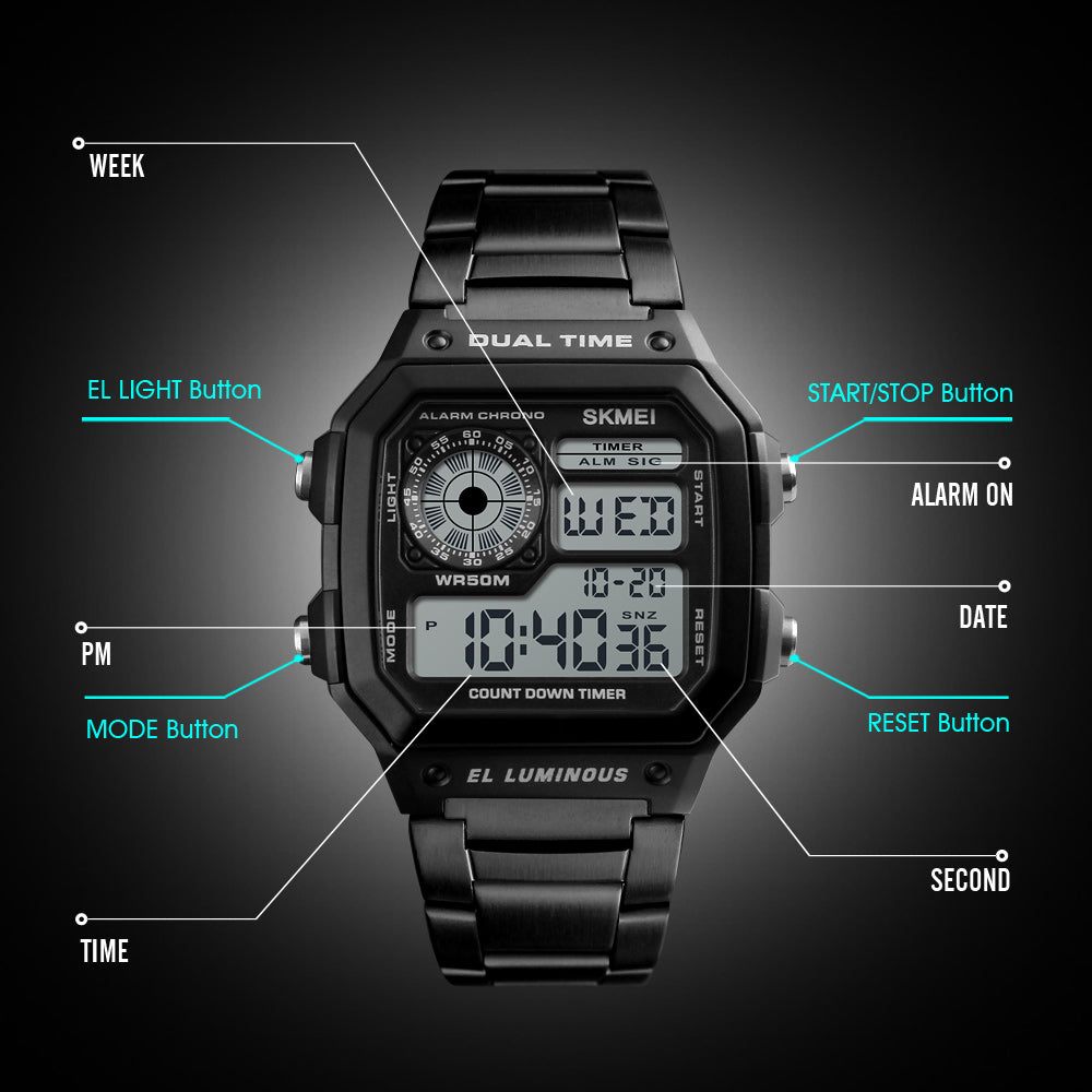 Digital Sport Watch for Men by SKMEI, Stainless Steel with LED Display