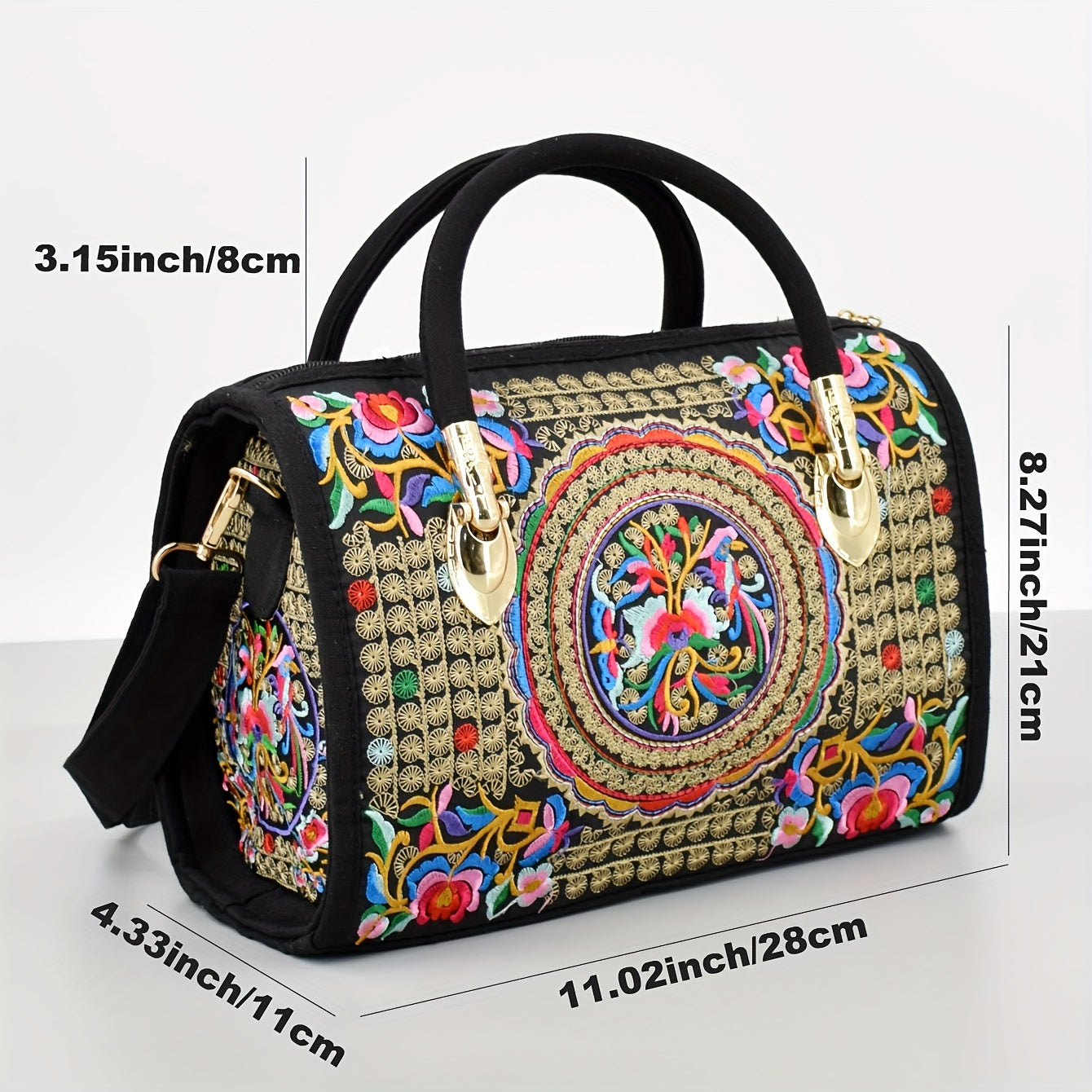 Vintage embroidered Boston bag with retro bohemian tote style for women.