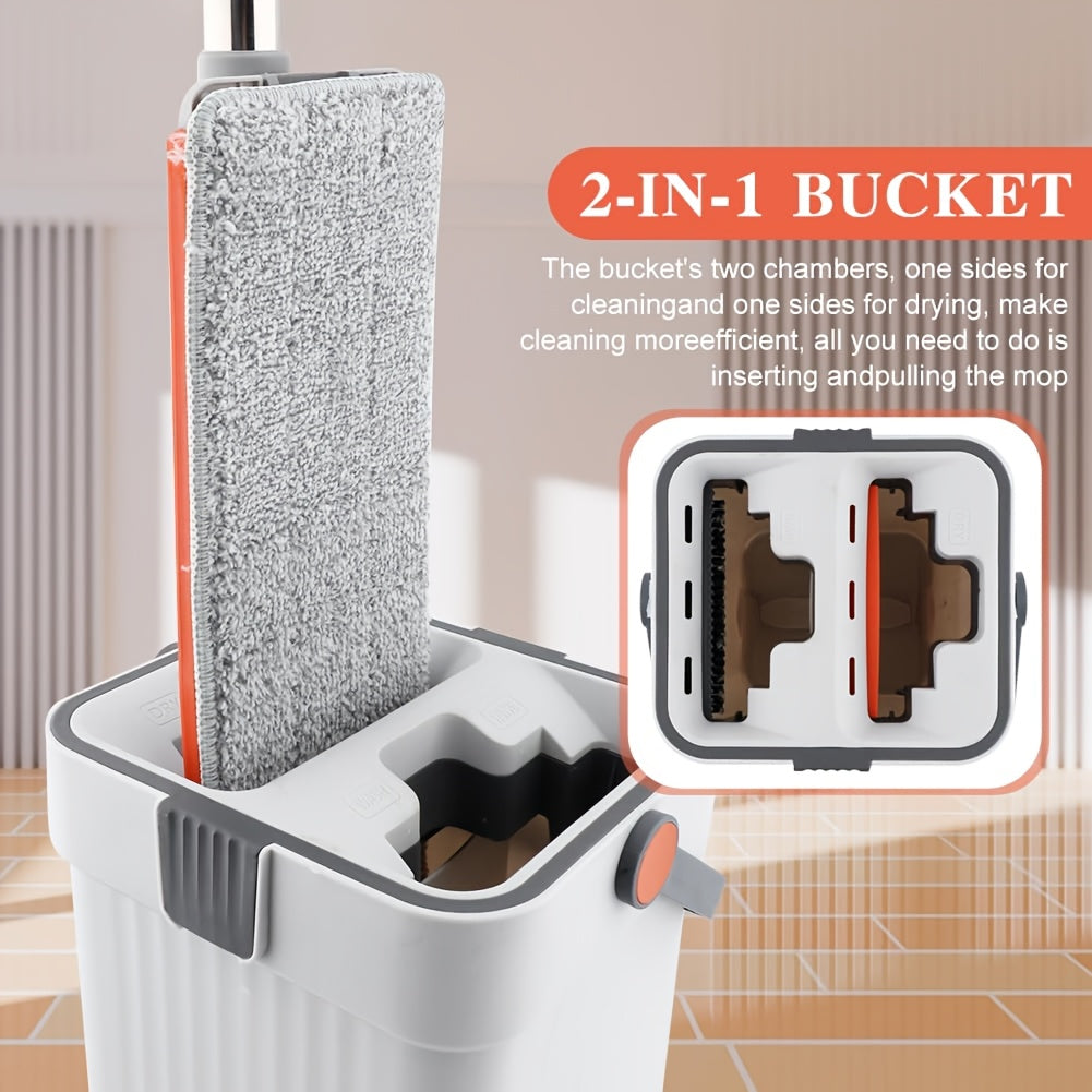 Flat Mop and Bucket Set with Wringer - No Hands Required! Features a 132.08cm Long Handle and 4 Reusable Microfiber Pads for Easy Floor, Wall, and Window Cleaning. Perfect for Bedroom, Kitchen, Living Room, and Home. Great for Window Cleaning too!