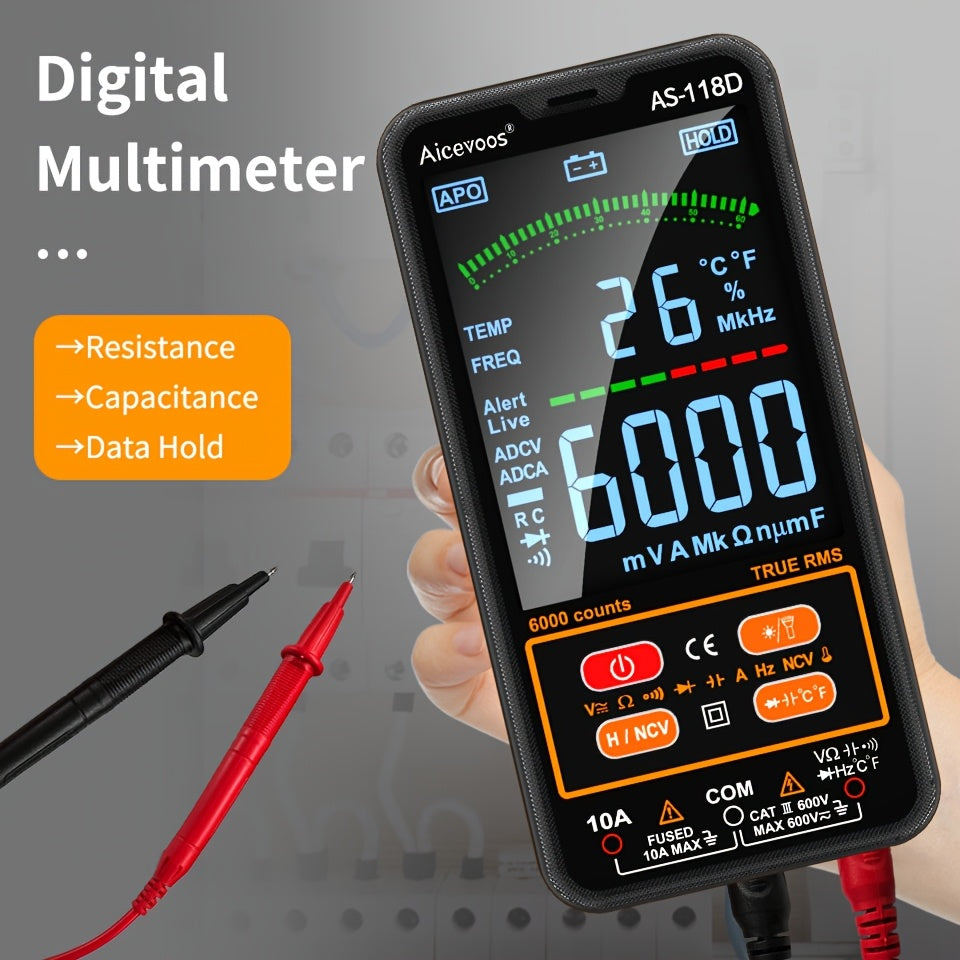 Smart digital multimeter auto-ranges to measure voltage, current, capacitance, resistance, continuity, duty-cycle, temperature, and frequency.