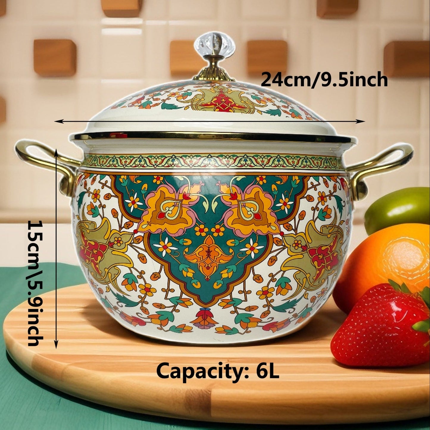 Large capacity enamel coated stockpot with lid, featuring a thick construction and vintage style. This double-handled stew and soup pot is perfect for versatile cooking and is suitable for gas and induction cooktops.