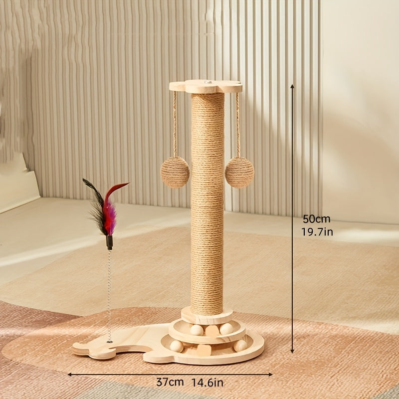 Interactive cat scratching post with rotating tassels and durable scratch board made of polyester fiber. Includes play balls and fully assembled for indoor cats.