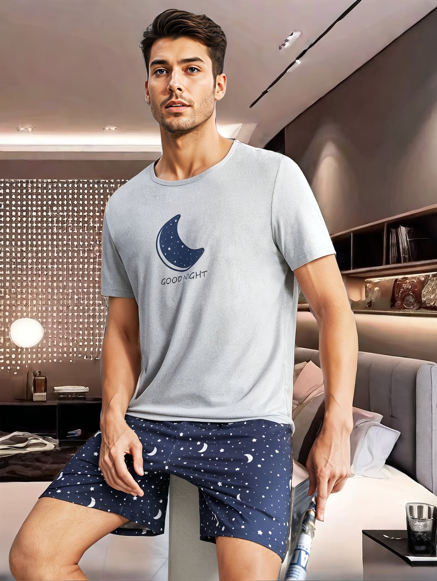 Men's moon and slogan graphic tee and galaxy print shorts pajama set made from polyester with crew neck, medium stretch, random print, regular fit, knit fabric, and elastane composition.