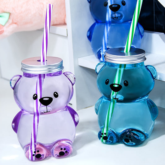 Cute bear cartoon straw cup made of durable plastic, ideal for kitchen and dining.