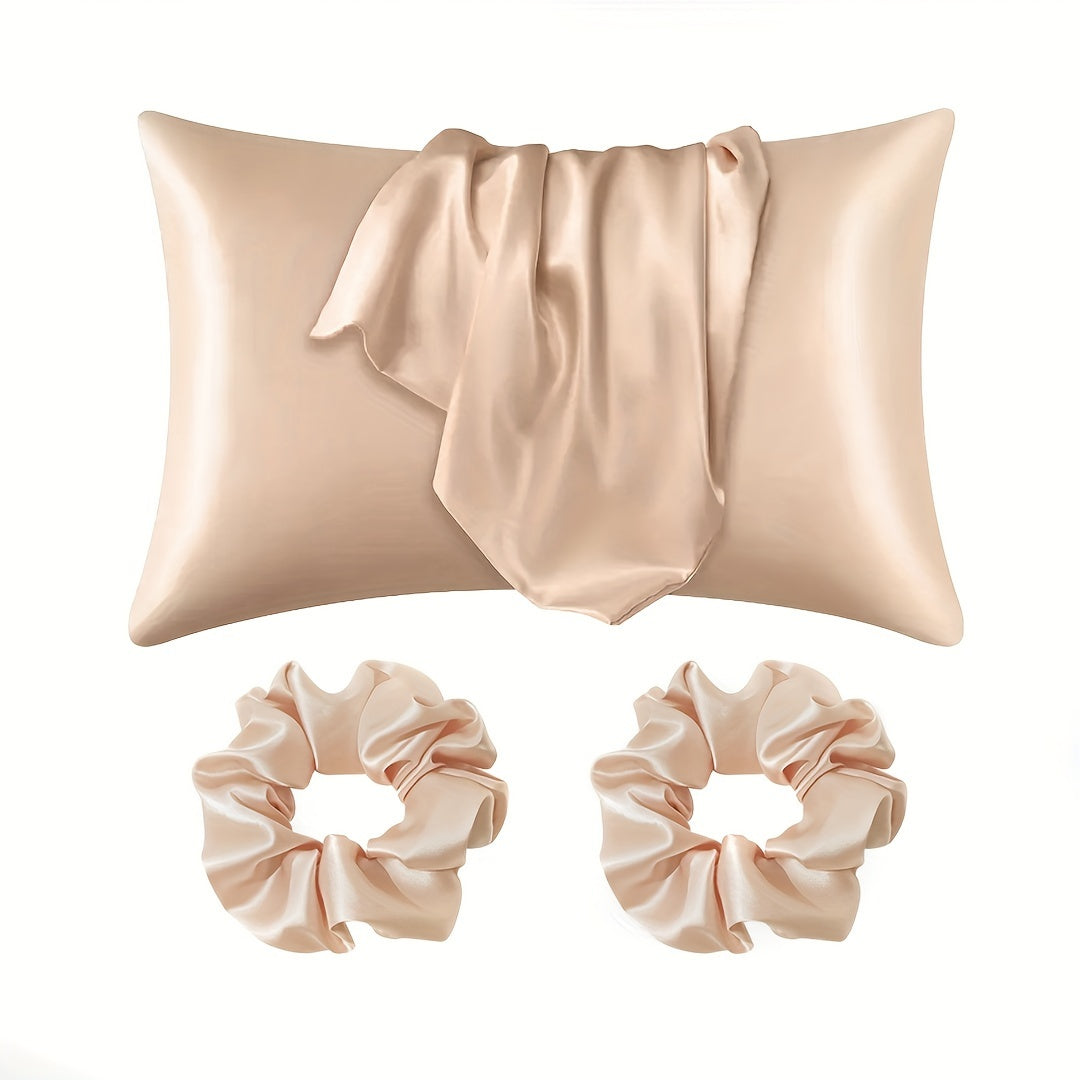 3-Piece Bed & Bathroom Set: 1 Pillowcase (pillow not included) + 2 Scrunchies - Made of Luxurious Satin with a Contemporary and Simplistic Design for Home, Hotel, or Bedroom - Comes with a Set of 2 Scrunchies