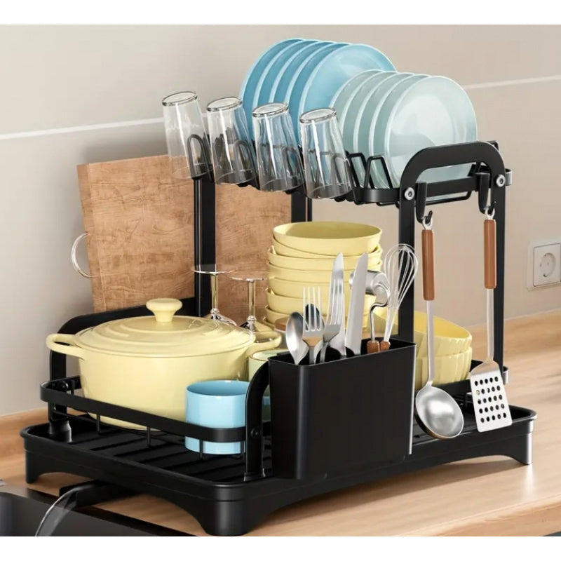 A steel dish rack set with two tiers, a draining board, and various kitchen accessories, designed for maximizing space and drying capacity above the kitchen sink and on the countertop.