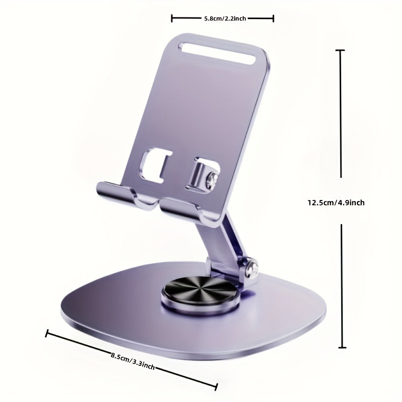 Metal phone holder rotates 360 degrees for all smartphones and tablets, compact, foldable, and portable for easy use in the office.