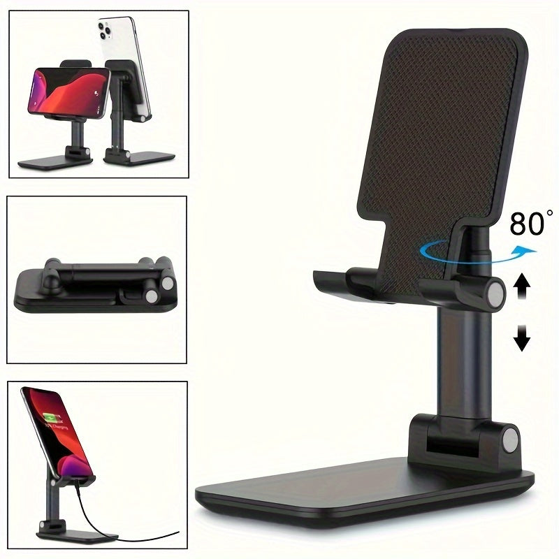 Foldable phone stand adjusts height and angle for 10.16-20.32cm devices. Ideal for office and bedroom, compatible with various devices.