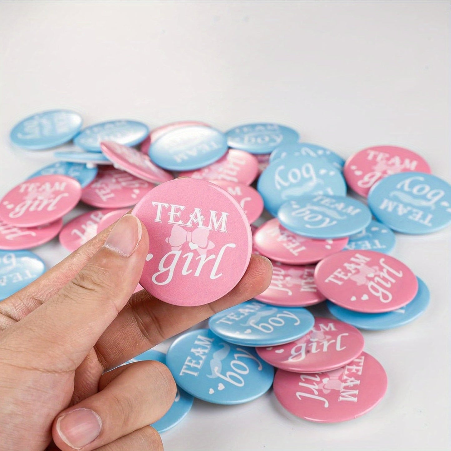 Set of 40 Gender Reveal Button Pins: 2 Inch Pinback Button Pins featuring Team Boy and Team Girl - Metallic Finish