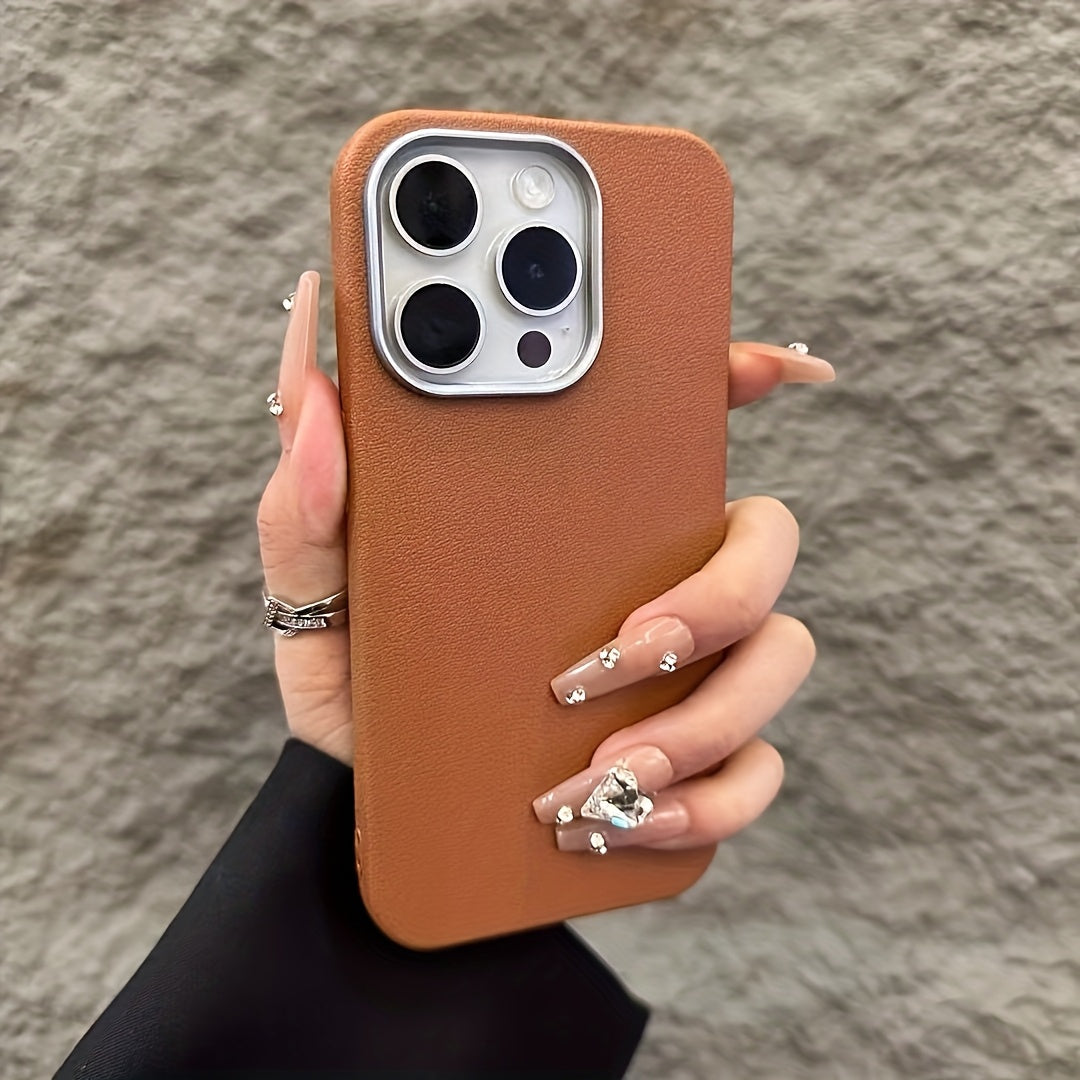 Simple design artificial leather pattern mobile phone case for iPhone models 7 and up.