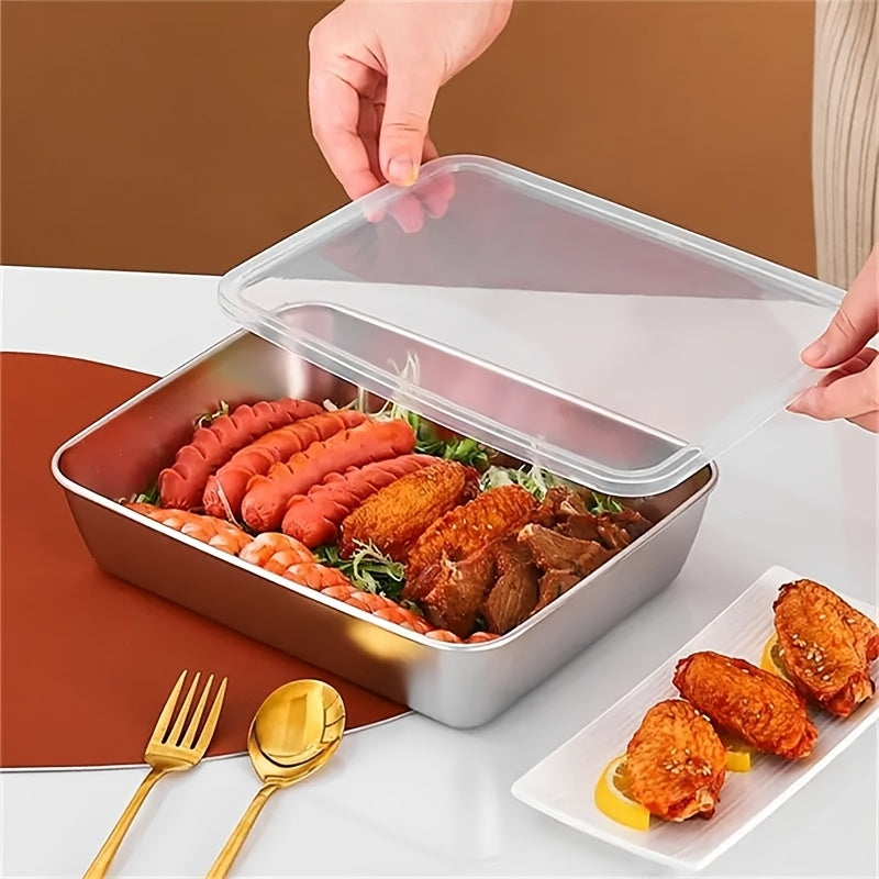 Stainless steel food storage set with clear lids - large square containers for meat, fruits, and veggies, ideal for camping, outdoor and home use. Stackable kitchen organizer, perfect for