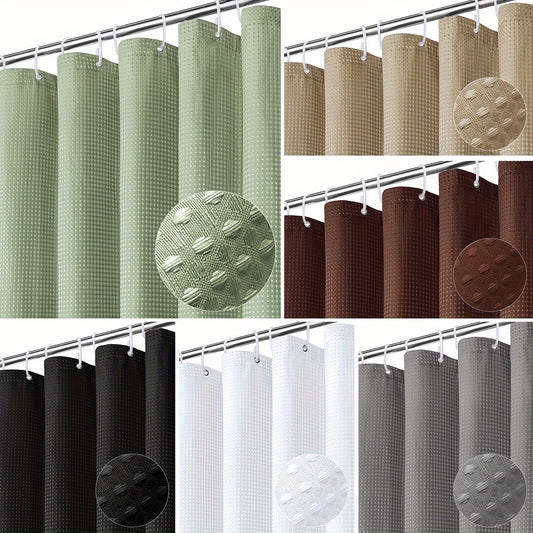 1 Elegant waffle weave shower curtain in multiple colors, water repellent and machine washable. Includes free hooks, ideal for home spa & bathroom decor.