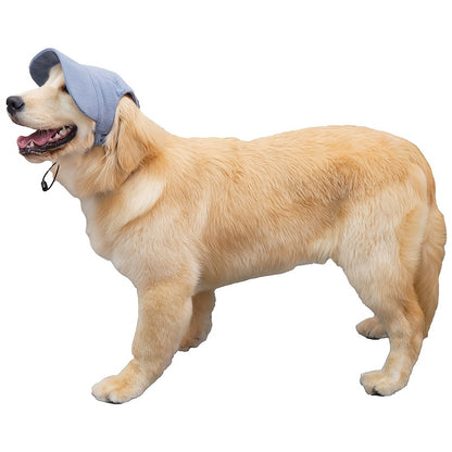 Adjustable dog baseball cap with ear holes made of breathable polyester, machine washable. Ideal for golden retrievers, labradors, and large breeds. Perfect for spring/summer/fall.