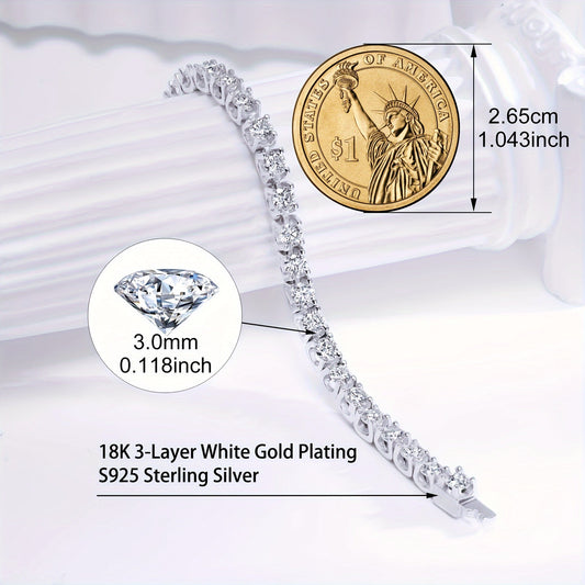 Treat yourself to a sophisticated Onedia Vintage Vacation Style Tennis Bracelet featuring 925 Sterling Silver and dazzling 3mm Moissanite stones. This hypoallergenic bracelet is plated in White Golden for a touch of luxury. The April birthstone is a