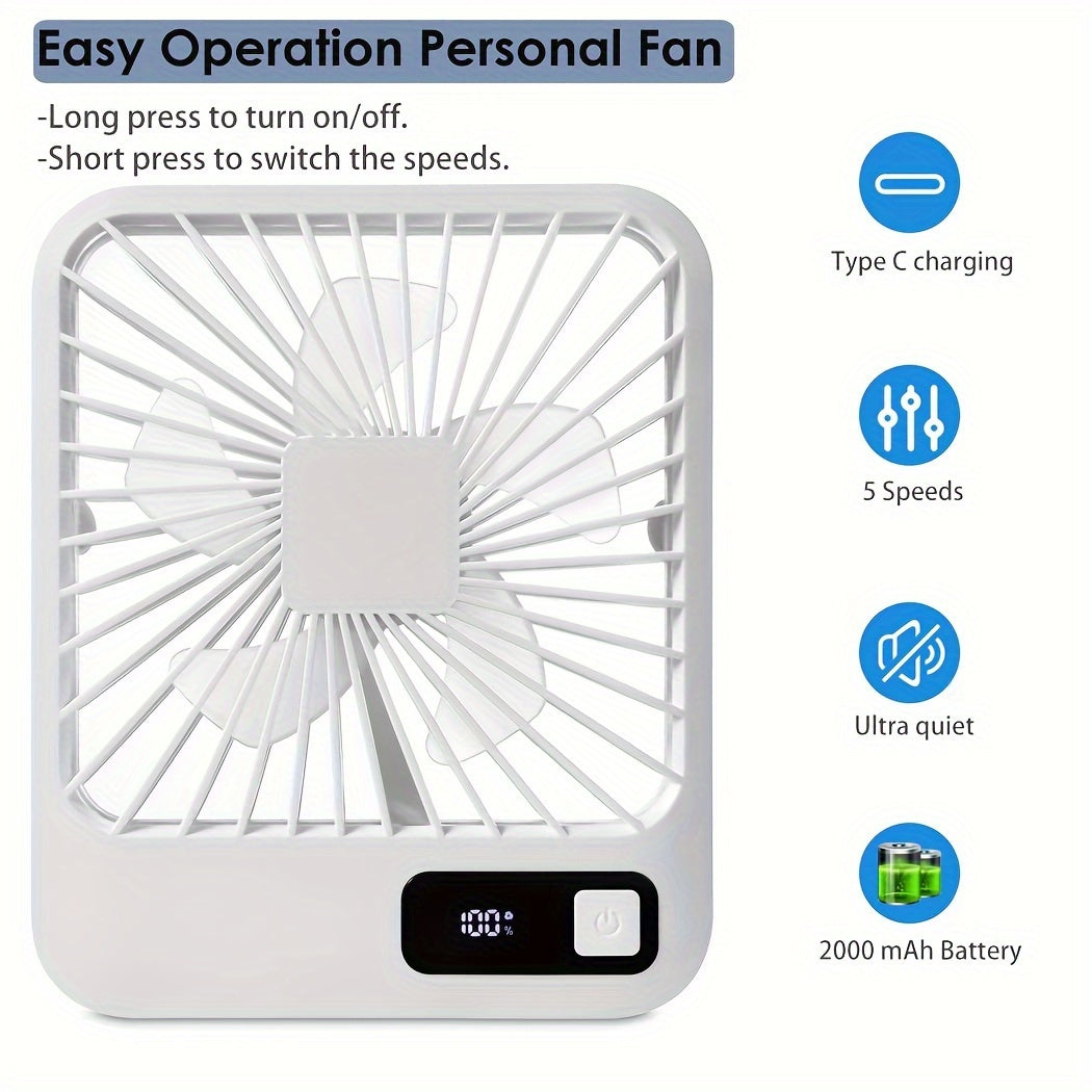 The Goard Ultra-Quiet Portable Desk Fan features a 180° swivel, 5-speed adjustable wind settings, USB rechargeable battery, power display - Ideal for use in home, office, travel, and outdoors.