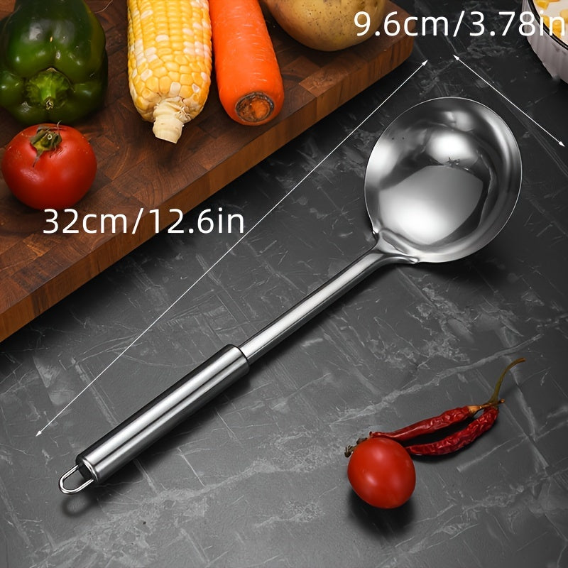 Set of stainless steel cookware and kitchen utensils, including a spatula, soup ladle, strainer spoon, Turner, and rice spoon. Durable and versatile cooking tools that do not require electricity for food preparation.